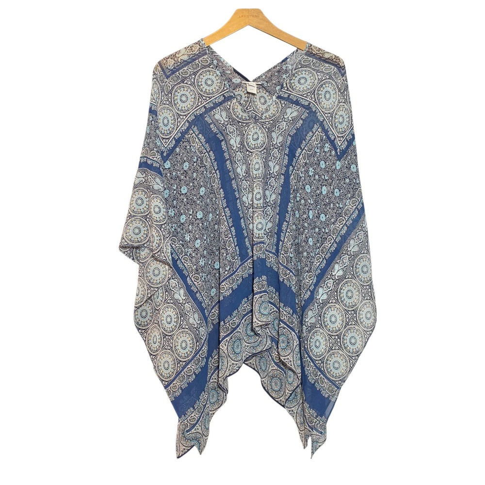 J. Jill Womens One Size Poncho Blue Paisley Mandala Sheer V-Neck Cover Up Top